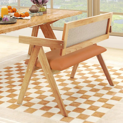 Rubber Wood Dining Bench with Armrest Sherpa Upholstered Backrest and Soft-padded Seat-Natural - Navy - Outdoor Benches
