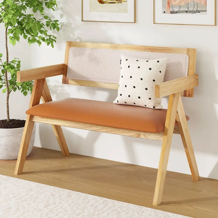 Rubber Wood Dining Bench with Armrest Sherpa Upholstered Backrest and Soft-padded Seat-Natural - Navy - Outdoor Benches