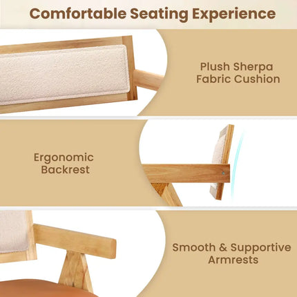 Rubber Wood Dining Bench with Armrest Sherpa Upholstered Backrest and Soft-padded Seat-Natural - Navy - Outdoor Benches