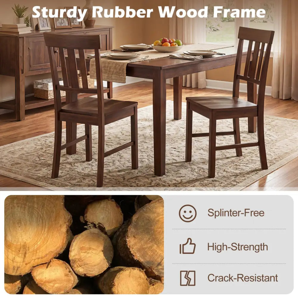 Rubber Wood Dining Chairs Set of 2 with High Slat Backrests-Brown - Dark Brown - Dining Chairs