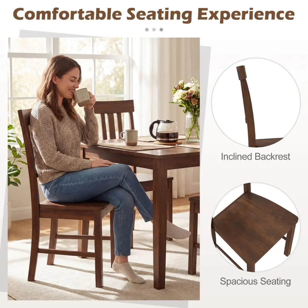Rubber Wood Dining Chairs Set of 2 with High Slat Backrests-Brown - Dark Brown - Dining Chairs