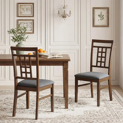 Rubber Wood Dining Chairs Set of 2 with Lattice Back-Brown - Brown - Dining Chairs