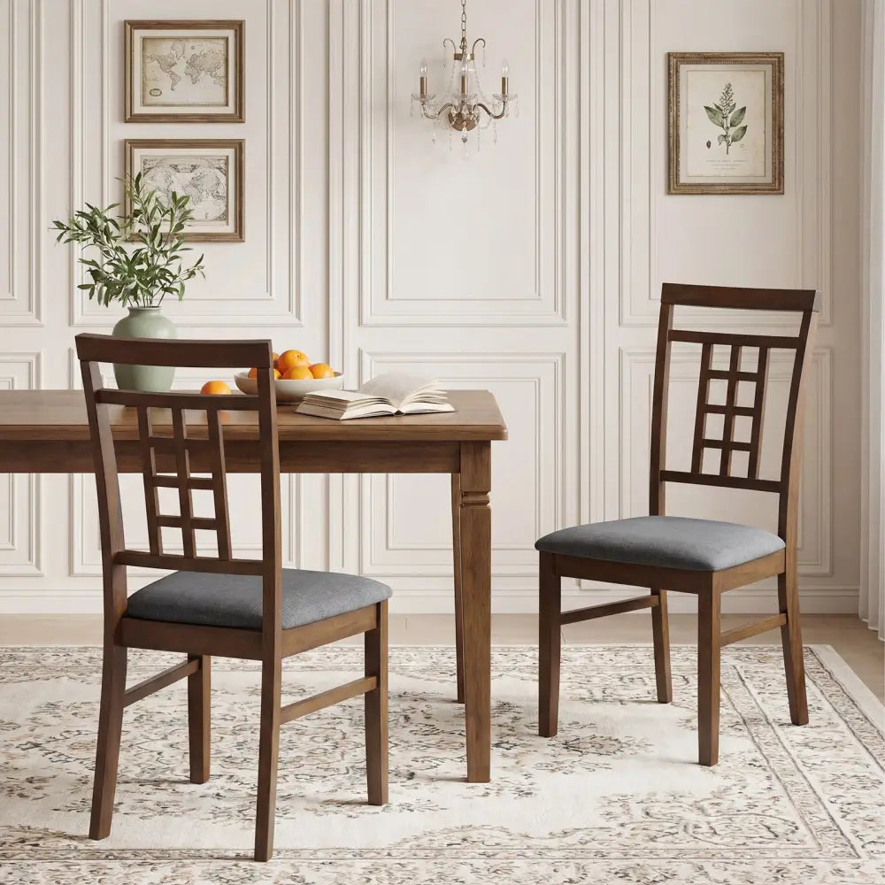 Rubber Wood Dining Chairs Set of 2 with Lattice Back-Brown - Brown - Dining Chairs