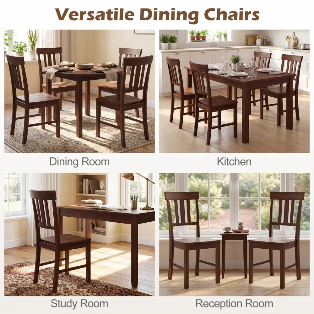 Rubber Wood Dining Chairs Set of 4 with High Slat Backrests-Brown - Dark Brown - Dining Chairs
