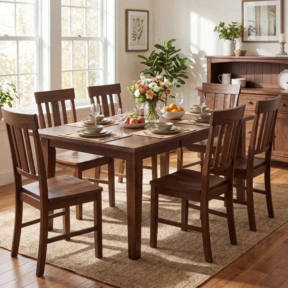 Rubber Wood Dining Chairs Set of 4 with High Slat Backrests-Brown - Dark Brown - Dining Chairs