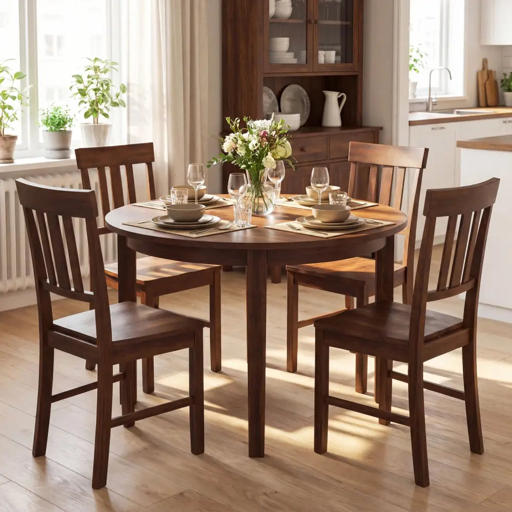 Rubber Wood Dining Chairs Set of 4 with High Slat Backrests-Brown - Dark Brown - Dining Chairs