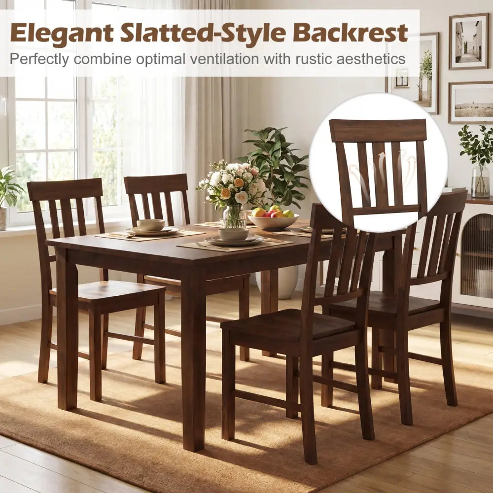 Rubber Wood Dining Chairs Set of 4 with High Slat Backrests-Brown - Dark Brown - Dining Chairs