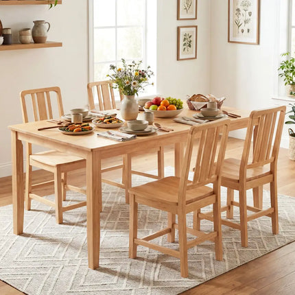 Rubber Wood Dining Chairs Set of 4 with Hollowed Backrest-Natural - Natural - Dining Chairs