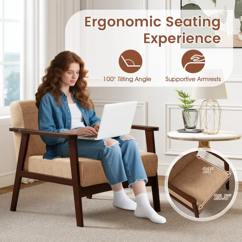 Rubber Wood Frame Accent Chair with Armrest for Living Room-Beige - Beige - Accent Chairs
