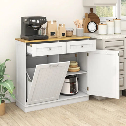 Rubber Wood Kitchen Trash Cabinet with Single Trash Can Holder and Adjustable Shelf-White - White - Sideboards Cabinets