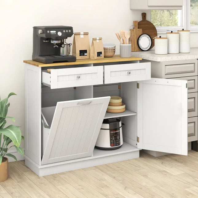 Rubber Wood Kitchen Trash Cabinet with Single Trash Can Holder and Adjustable Shelf-White - White - Sideboards Cabinets