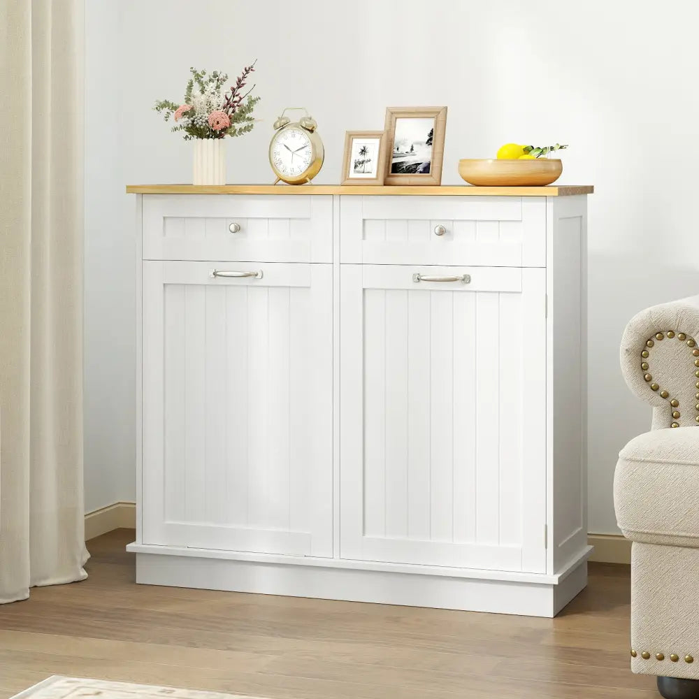 Rubber Wood Kitchen Trash Cabinet with Single Trash Can Holder and Adjustable Shelf-White - White - Sideboards Cabinets