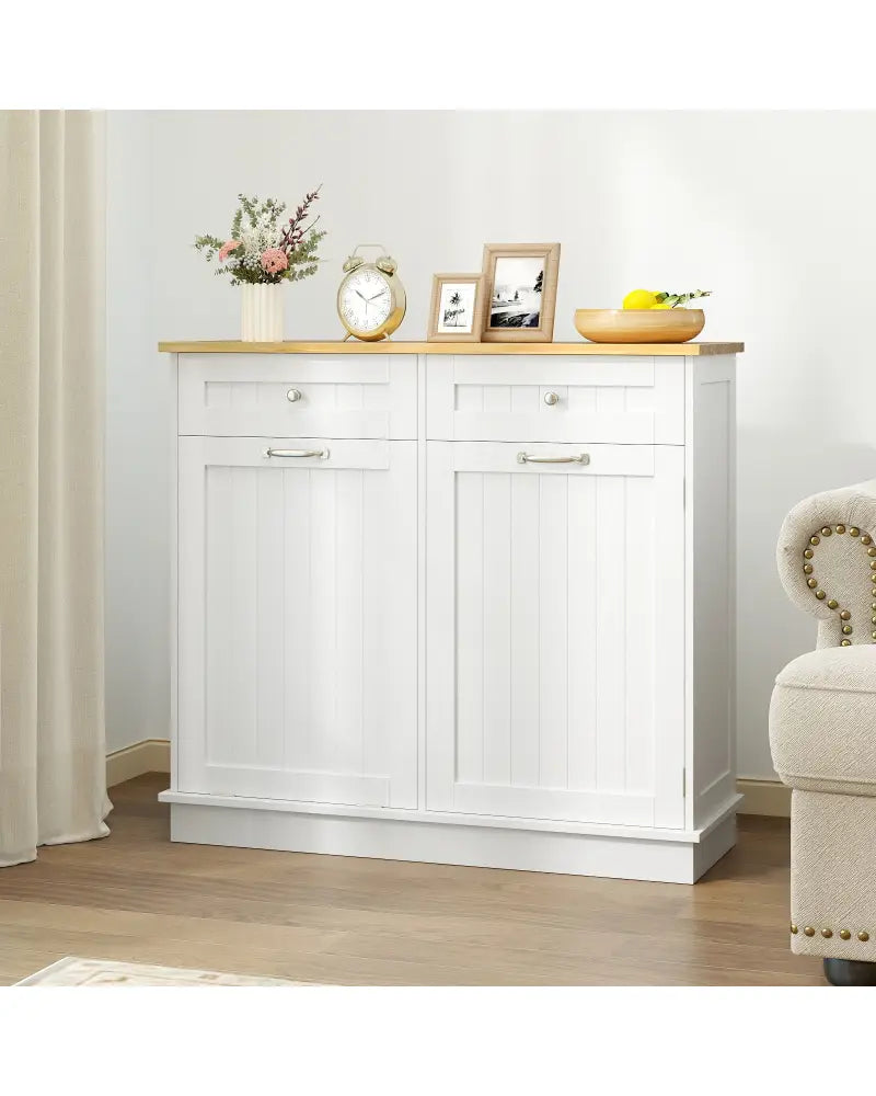 Rubber Wood Kitchen Trash Cabinet with Single Trash Can Holder and Adjustable Shelf-White - White - Sideboards Cabinets