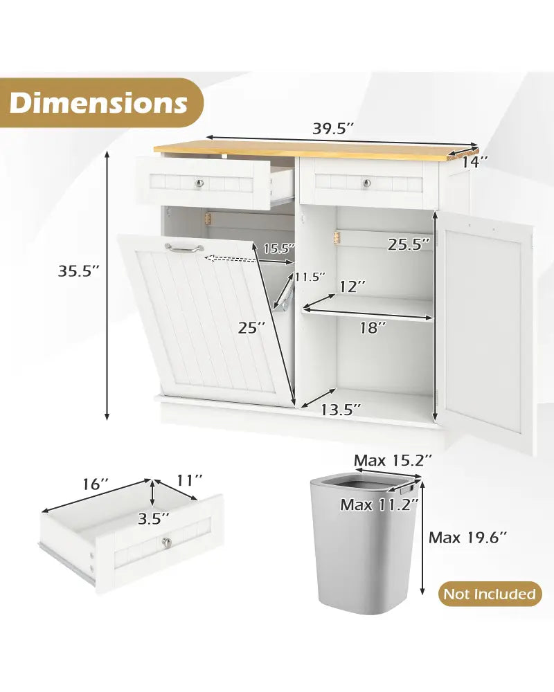Rubber Wood Kitchen Trash Cabinet with Single Trash Can Holder and Adjustable Shelf-White - White - Sideboards Cabinets