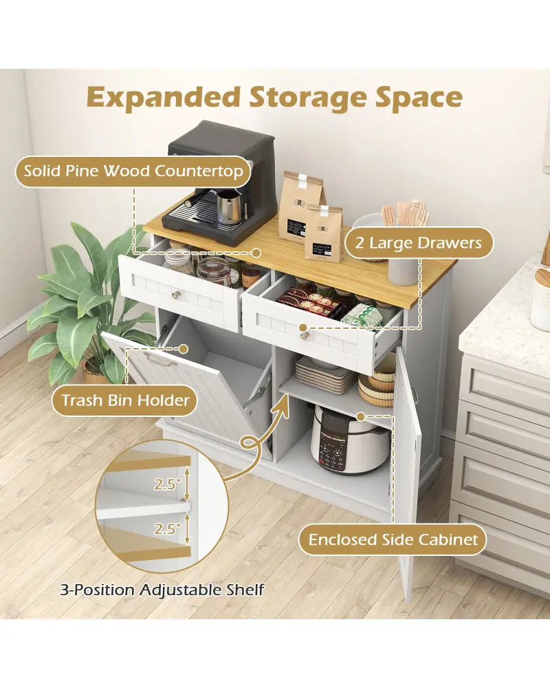 Rubber Wood Kitchen Trash Cabinet with Single Trash Can Holder and Adjustable Shelf-White - White - Sideboards Cabinets