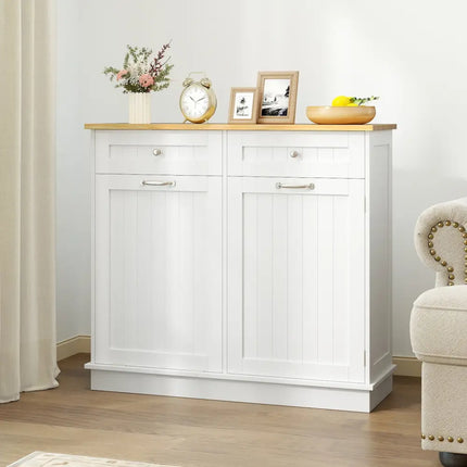 Rubber Wood Kitchen Trash Cabinet with Single Trash Can Holder and Adjustable Shelf-White - White - Sideboards Cabinets