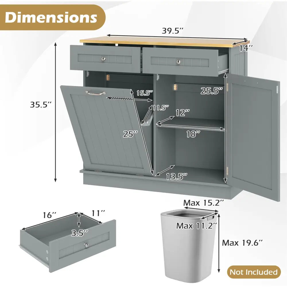 Rubber Wood Kitchen Trash Cabinet with Single Trash Can Holder and Adjustable Shelf-Gray - Gray - Sideboards Cabinets &