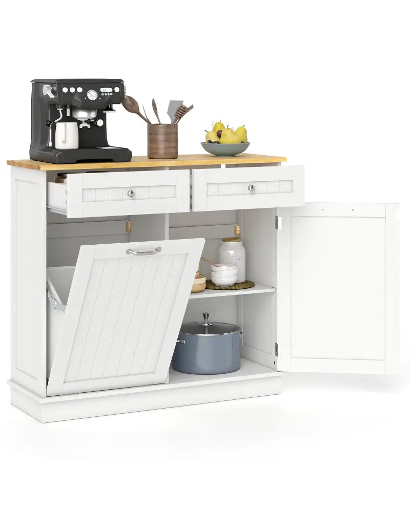 Rubber Wood Kitchen Trash Cabinet with Single Trash Can Holder and Adjustable Shelf-White - White - Sideboards Cabinets