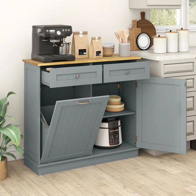 Rubber Wood Kitchen Trash Cabinet with Single Trash Can Holder and Adjustable Shelf-Gray - Gray - Sideboards Cabinets &