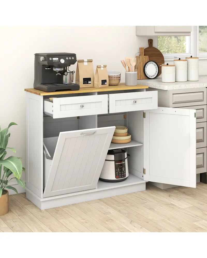 Rubber Wood Kitchen Trash Cabinet with Single Trash Can Holder and Adjustable Shelf-White - White - Sideboards Cabinets