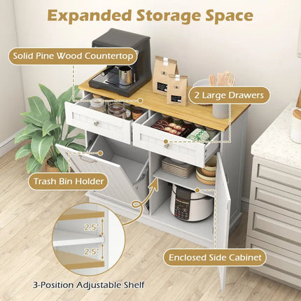 Rubber Wood Kitchen Trash Cabinet with Single Trash Can Holder and Adjustable Shelf-White - White - Sideboards Cabinets