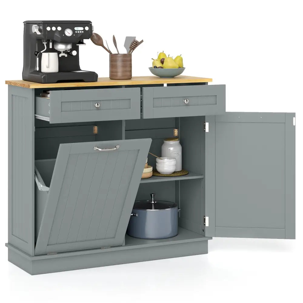 Rubber Wood Kitchen Trash Cabinet with Single Trash Can Holder and Adjustable Shelf-Gray - Gray - Sideboards Cabinets &