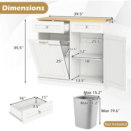 Rubber Wood Kitchen Trash Cabinet with Single Trash Can Holder and Adjustable Shelf-White - White - Sideboards Cabinets