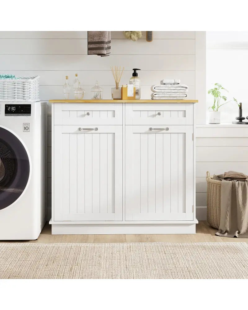 Rubber Wood Kitchen Trash Cabinet with Single Trash Can Holder and Adjustable Shelf-White - White - Sideboards Cabinets