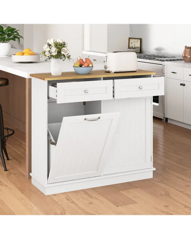 Rubber Wood Kitchen Trash Cabinet with Single Trash Can Holder and Adjustable Shelf-White - White - Sideboards Cabinets