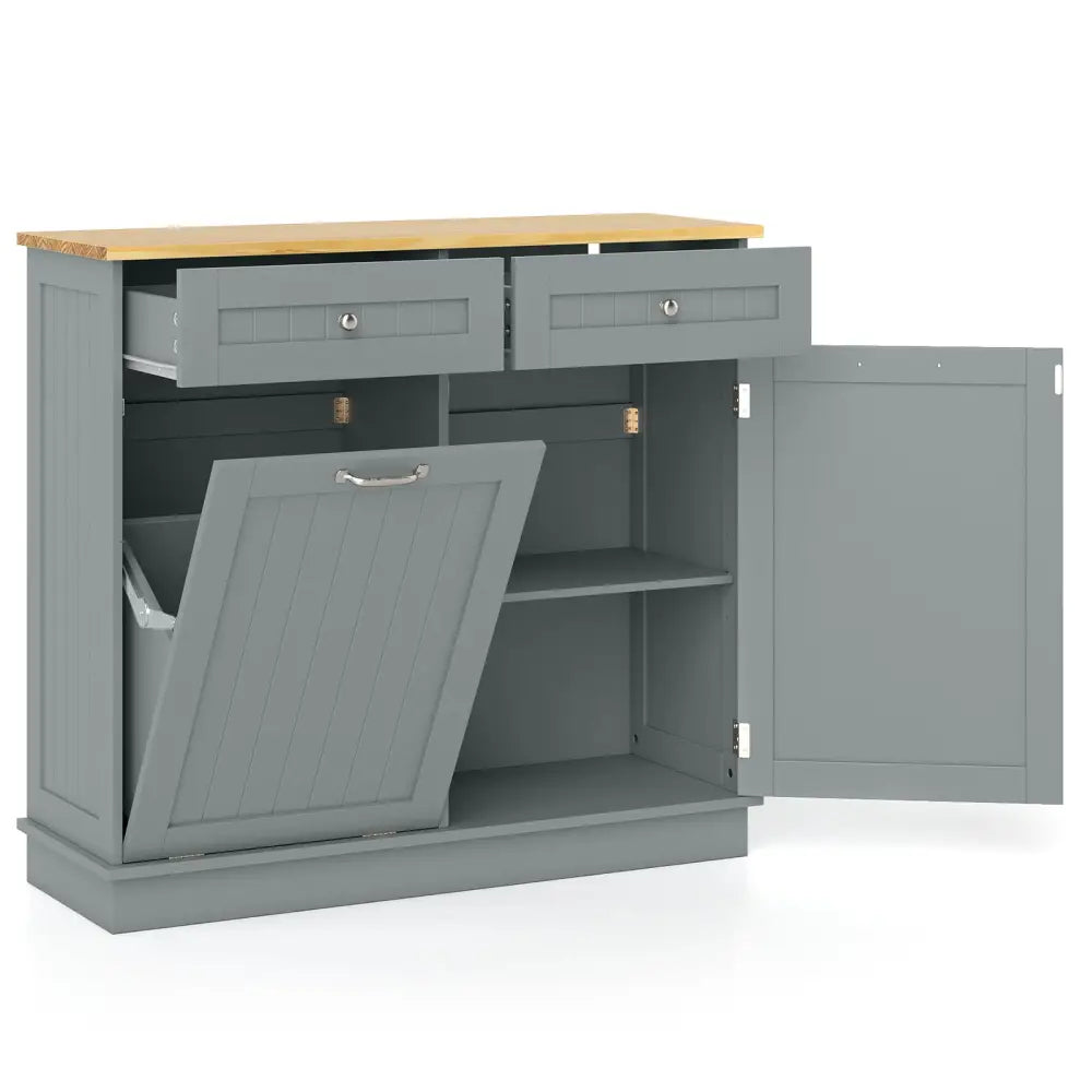 Rubber Wood Kitchen Trash Cabinet with Single Trash Can Holder and Adjustable Shelf-Gray - Gray - Sideboards Cabinets &