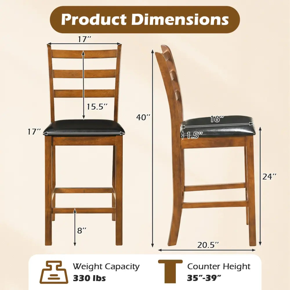 Rubber Wood Ladder Back Bar Stools Set of 2 24inch Counter Height Kitchen Island High Chairs-Walnut - Walnut - Bar
