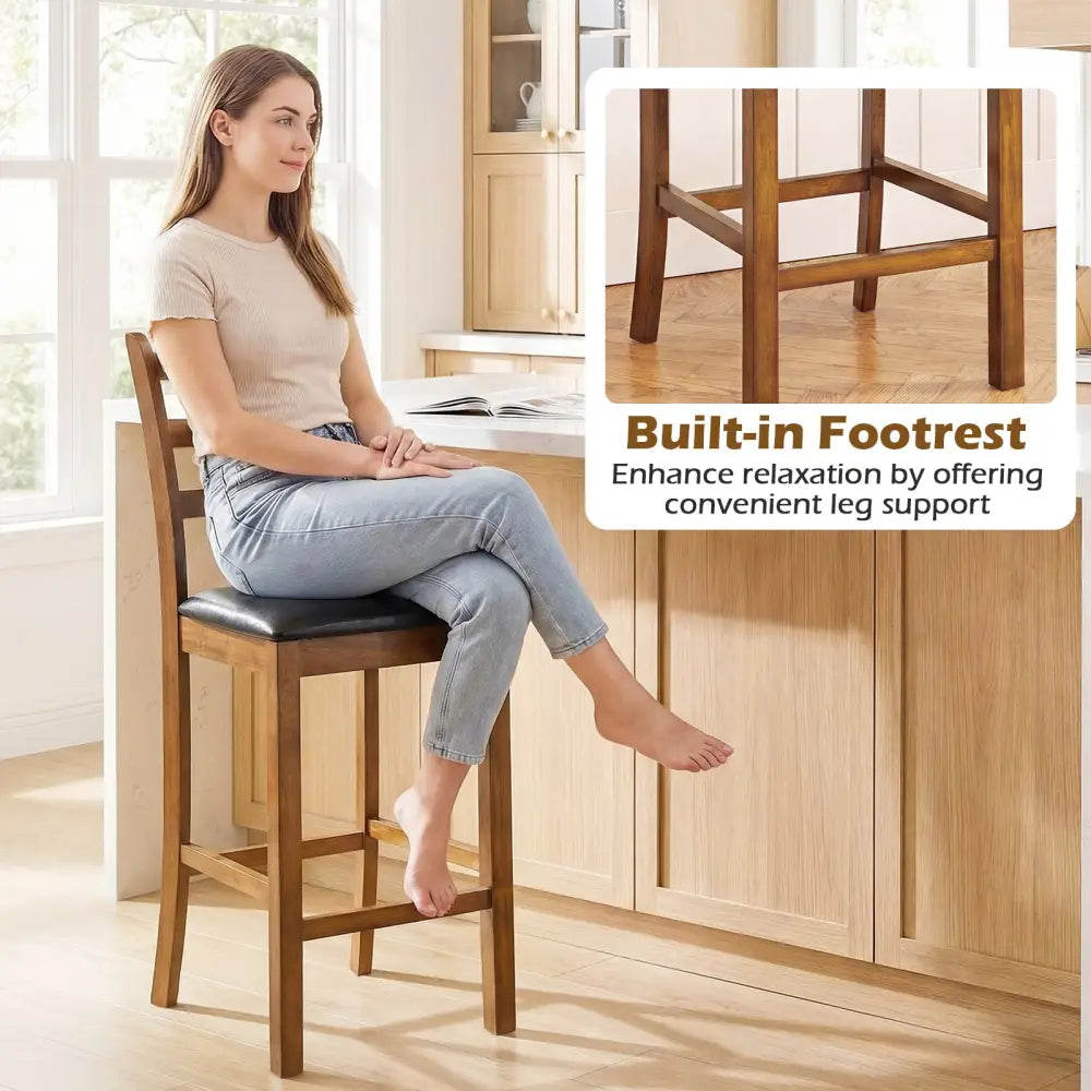Rubber Wood Ladder Back Bar Stools Set of 2 24inch Counter Height Kitchen Island High Chairs-Walnut - Walnut - Bar