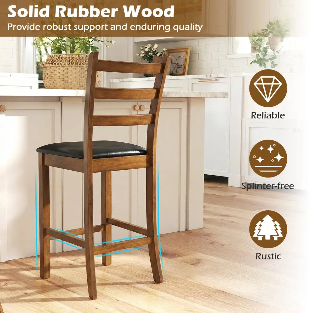 Rubber Wood Ladder Back Bar Stools Set of 2 24inch Counter Height Kitchen Island High Chairs-Walnut - Walnut - Bar