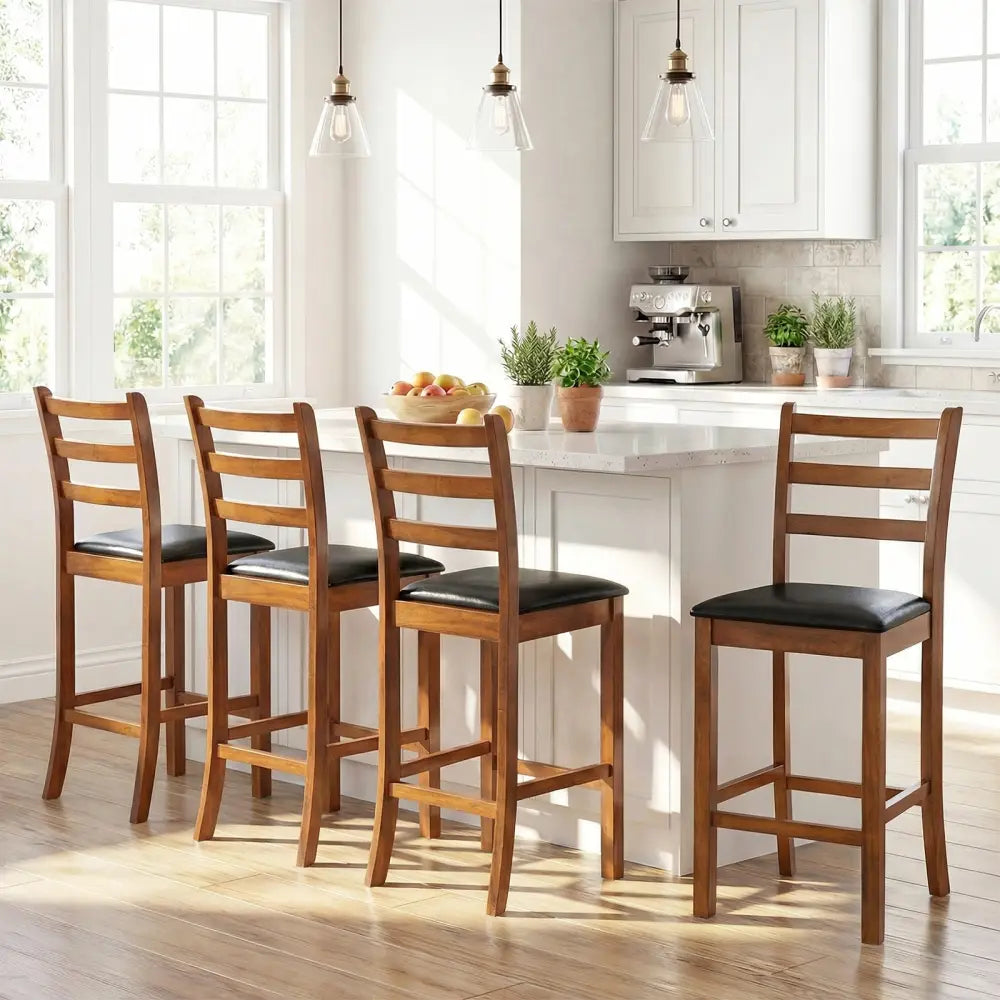 Rubber Wood Ladder Back Bar Stools Set of 2 24inch Counter Height Kitchen Island High Chairs-Walnut - Walnut - Bar