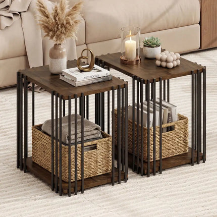 Rubber Wood Side Table Set of 2 with 2-Layer Storage Shelves and Metal Frame-Walnut - Walnut - End & Side Tables
