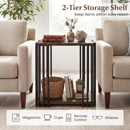 Rubber Wood Side Table Set of 2 with 2-Layer Storage Shelves and Metal Frame-Walnut - Walnut - End & Side Tables