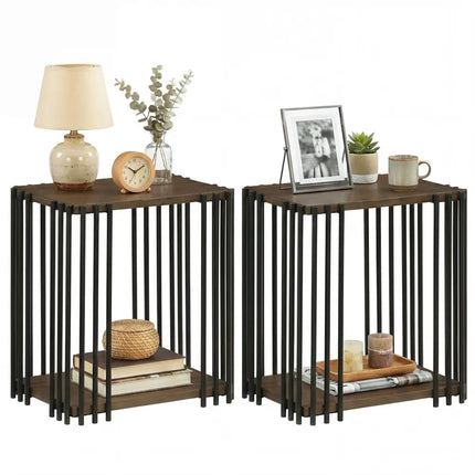 Rubber Wood Side Table Set of 2 with 2-Layer Storage Shelves and Metal Frame-Walnut - Walnut - End & Side Tables