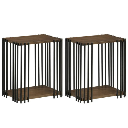 Rubber Wood Side Table Set of 2 with 2-Layer Storage Shelves and Metal Frame-Walnut - Walnut - End & Side Tables