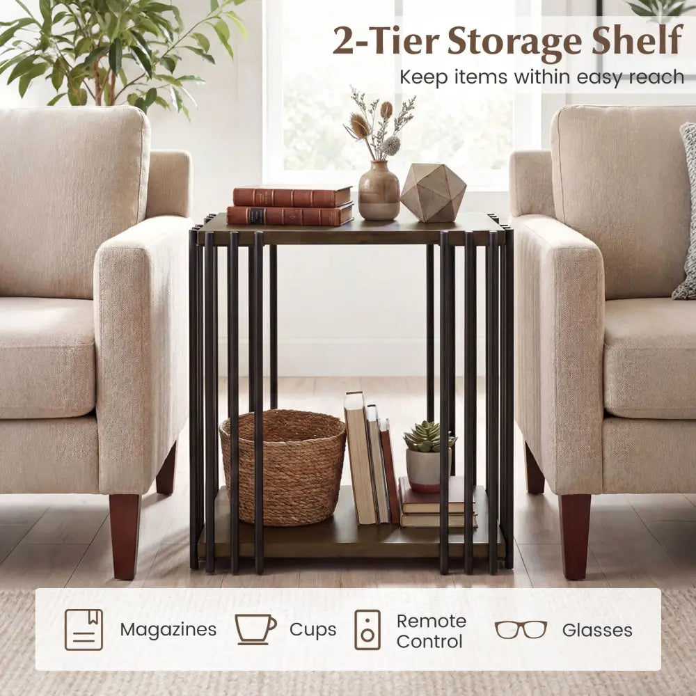 Rubber Wood Side Table Set of 2 with 2-Layer Storage Shelves and Metal Frame-Walnut - Walnut - End & Side Tables