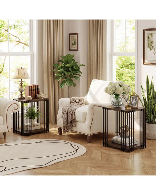 Rubber Wood Side Table Set of 2 with 2-Layer Storage Shelves and Metal Frame-Walnut - Walnut - End & Side Tables