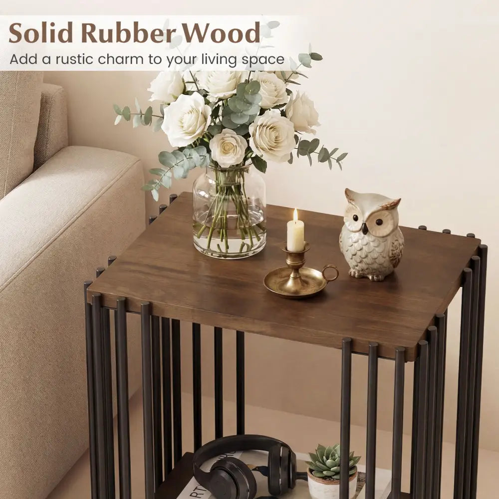 Rubber Wood Side Table Set of 2 with 2-Layer Storage Shelves and Metal Frame-Walnut - Walnut - End & Side Tables