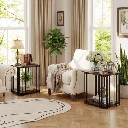 Rubber Wood Side Table Set of 2 with 2-Layer Storage Shelves and Metal Frame-Walnut - Walnut - End & Side Tables