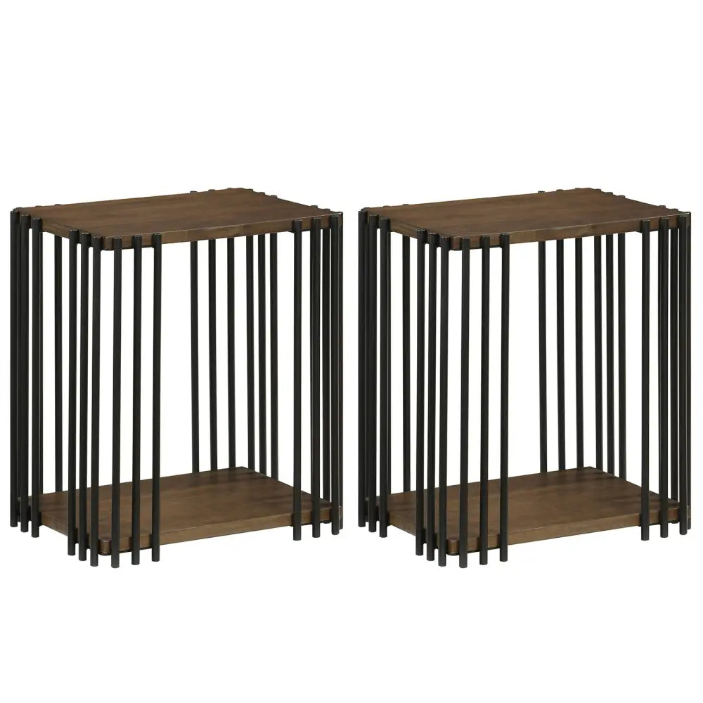 Rubber Wood Side Table Set of 2 with 2-Layer Storage Shelves and Metal Frame-Walnut - Walnut - End & Side Tables
