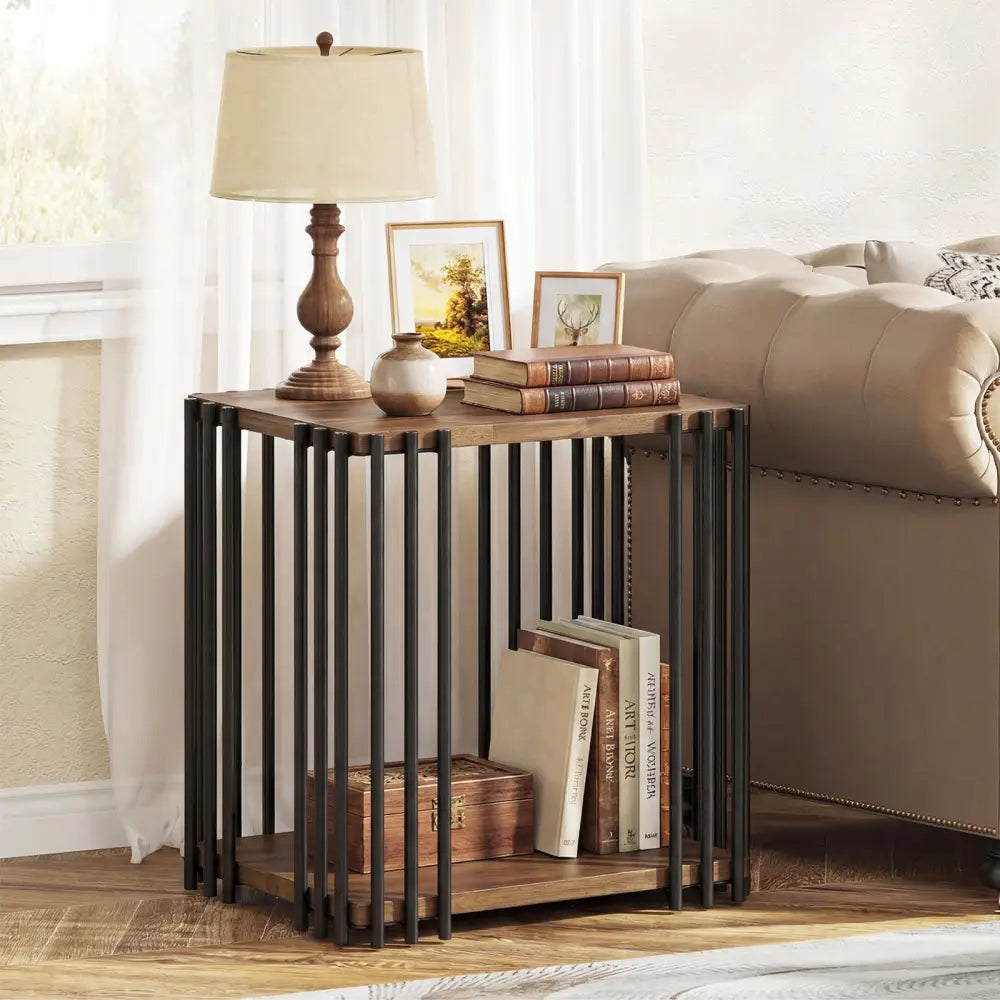Rubber Wood Side Table with 2-Layer Storage Shelves and Metal Frame-Walnut - Walnut - End & Side Tables