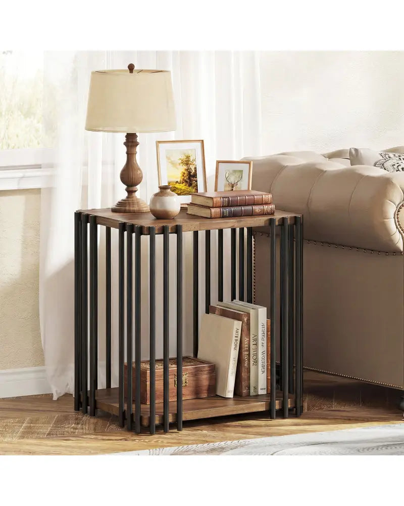 Rubber Wood Side Table with 2-Layer Storage Shelves and Metal Frame-Walnut - Walnut - End & Side Tables
