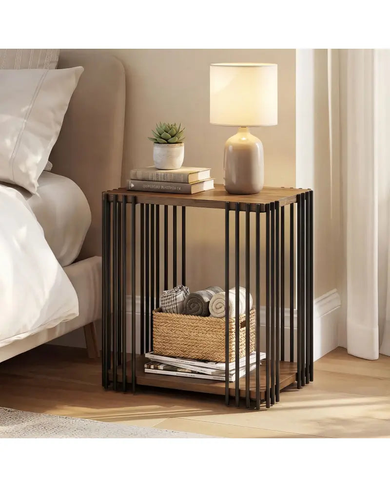 Rubber Wood Side Table with 2-Layer Storage Shelves and Metal Frame-Walnut - Walnut - End & Side Tables