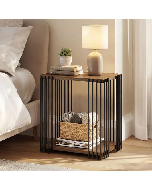 Rubber Wood Side Table with 2-Layer Storage Shelves and Metal Frame-Walnut - Walnut - End & Side Tables