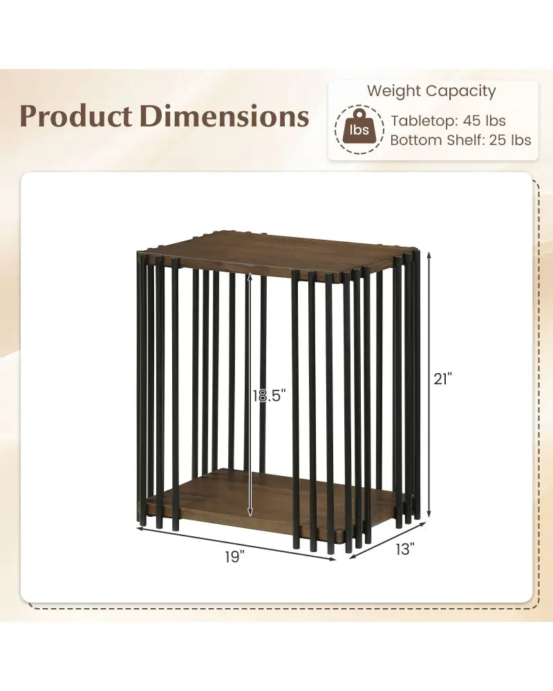 Rubber Wood Side Table with 2-Layer Storage Shelves and Metal Frame-Walnut - Walnut - End & Side Tables