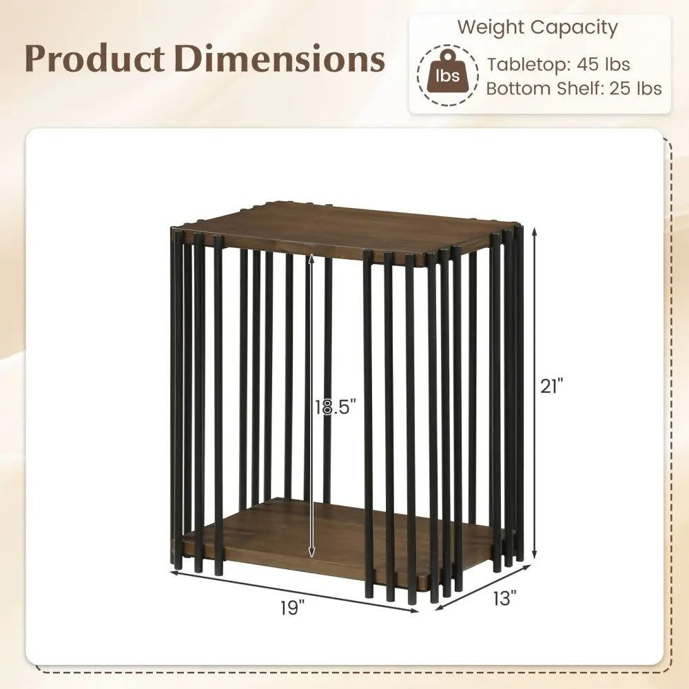 Rubber Wood Side Table with 2-Layer Storage Shelves and Metal Frame-Walnut - Walnut - End & Side Tables