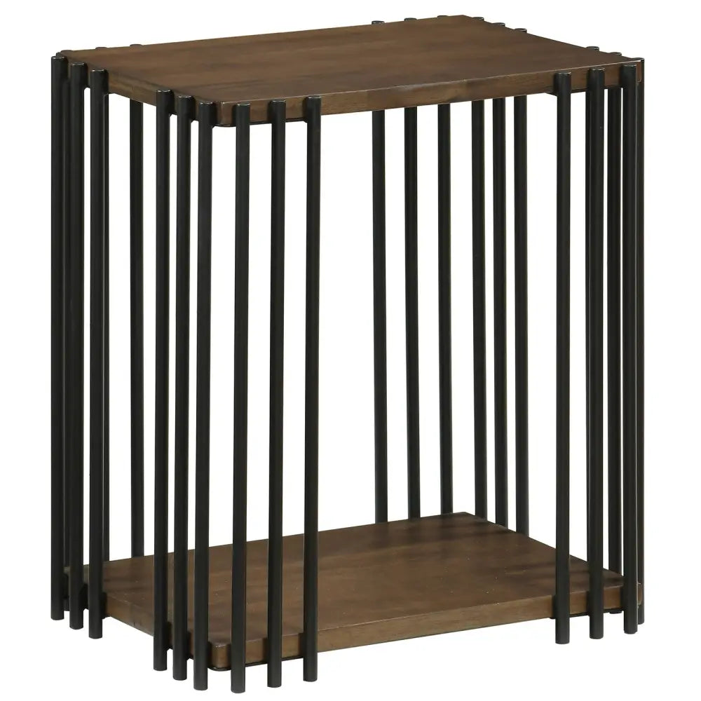 Rubber Wood Side Table with 2-Layer Storage Shelves and Metal Frame-Walnut - Walnut - End & Side Tables